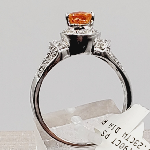 14k Solid White Gold Pear Shaped Orange Spessartite Garnet & Diamond Halo Ring - Picture 6 of 9
